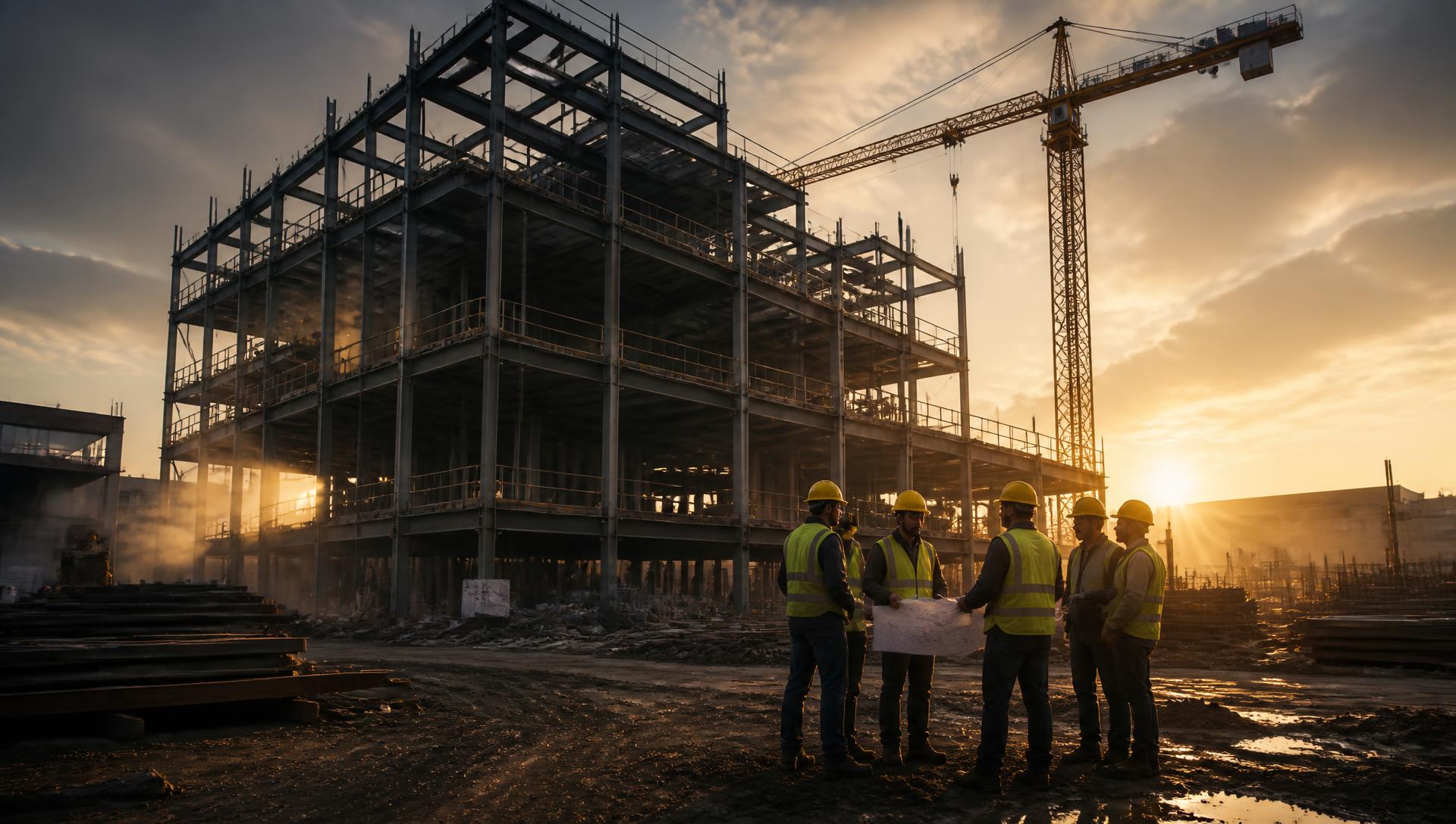 Mjenzi engineers reviewing drawings on a construction site at sunset